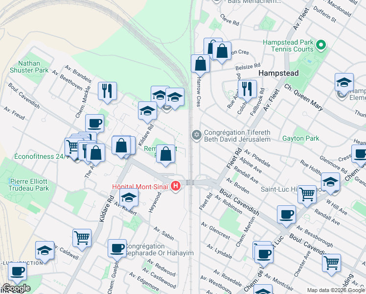 map of restaurants, bars, coffee shops, grocery stores, and more near 5633 Chemin Merrimac in Côte Saint-Luc