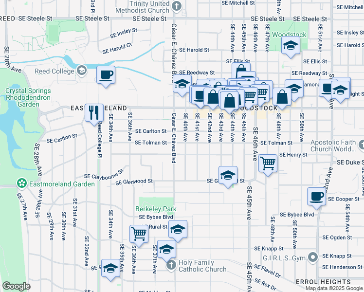 map of restaurants, bars, coffee shops, grocery stores, and more near 3928 Southeast Tolman Street in Portland