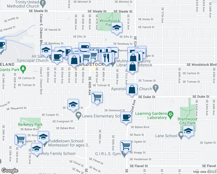 map of restaurants, bars, coffee shops, grocery stores, and more near 6305 Southeast 49th Avenue in Portland