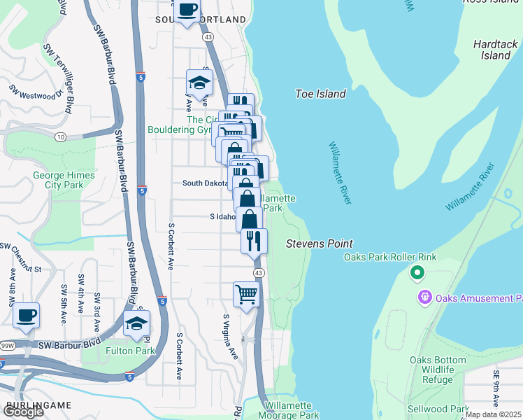 map of restaurants, bars, coffee shops, grocery stores, and more near 6500 Southwest Macadam Avenue in Portland