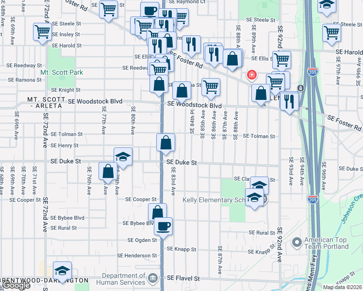 map of restaurants, bars, coffee shops, grocery stores, and more near 6336 Southeast 84th Avenue in Portland