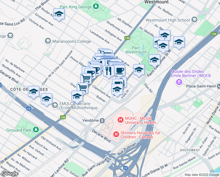 map of restaurants, bars, coffee shops, grocery stores, and more near 23 Avenue Burton in Westmount