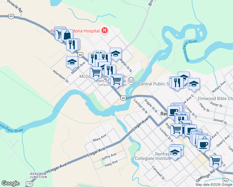 map of restaurants, bars, coffee shops, grocery stores, and more near 252 Stewart Street in Renfrew