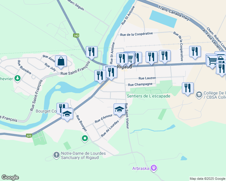 map of restaurants, bars, coffee shops, grocery stores, and more near 17 Rue Sainte-Madeleine in Rigaud