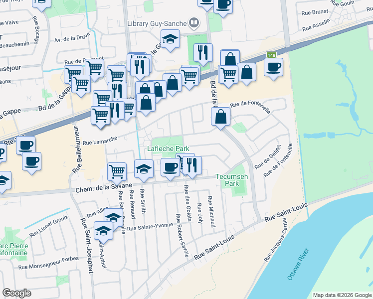 map of restaurants, bars, coffee shops, grocery stores, and more near 10 Rue de Beaussier in Gatineau