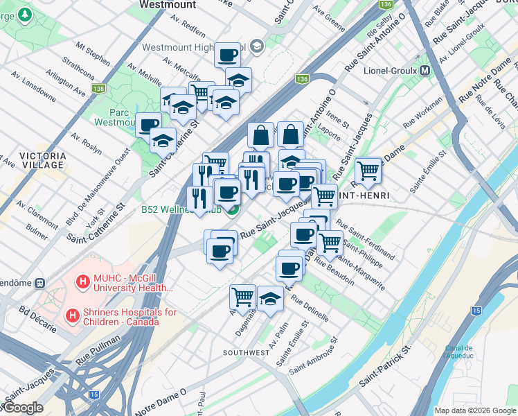 map of restaurants, bars, coffee shops, grocery stores, and more near 770 Rue Sainte-Marguerite in Montréal