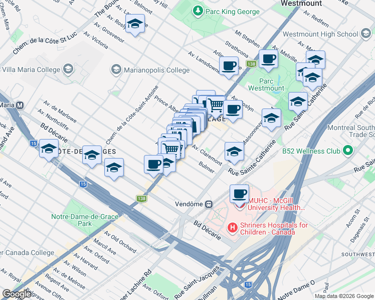 map of restaurants, bars, coffee shops, grocery stores, and more near 5010 Sherbrooke Street West in Westmount
