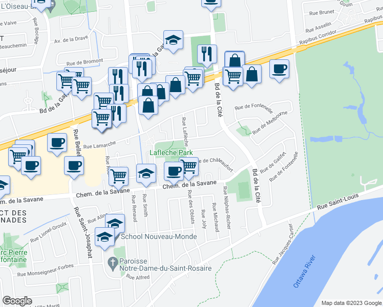 map of restaurants, bars, coffee shops, grocery stores, and more near 10 Rue de Beaussier in Gatineau