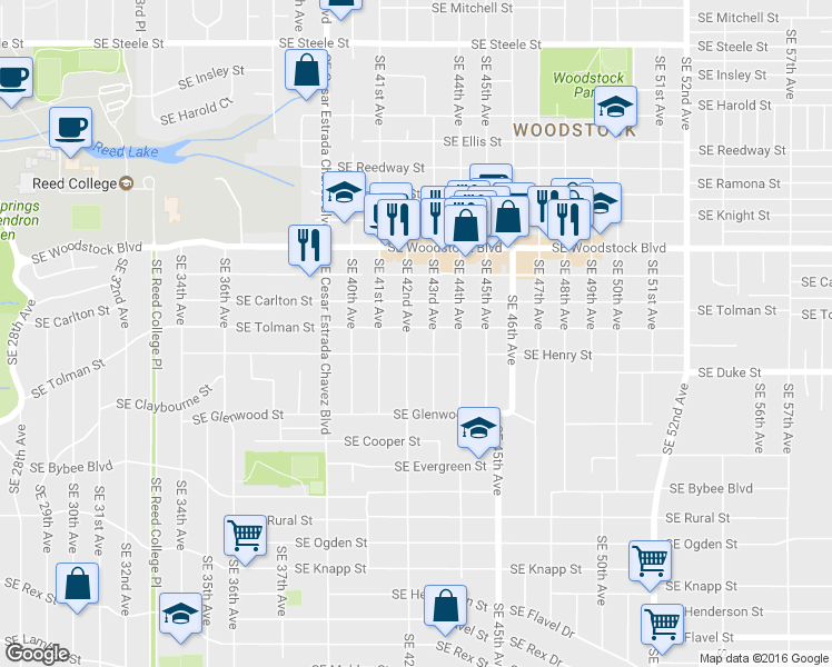 map of restaurants, bars, coffee shops, grocery stores, and more near 6302 SE 42nd Ave in Portland
