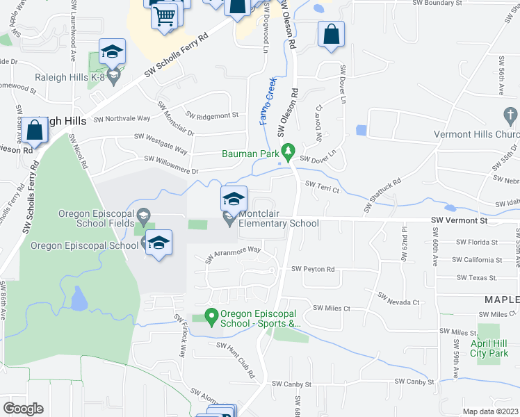 map of restaurants, bars, coffee shops, grocery stores, and more near 6977 Southwest Vermont Court in Portland