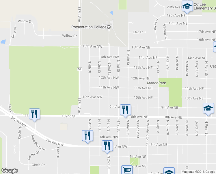 map of restaurants, bars, coffee shops, grocery stores, and more near 1101 North 2nd Street in Aberdeen