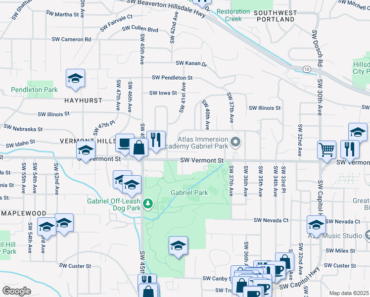 map of restaurants, bars, coffee shops, grocery stores, and more near 4118 Southwest Idaho Terrace in Portland