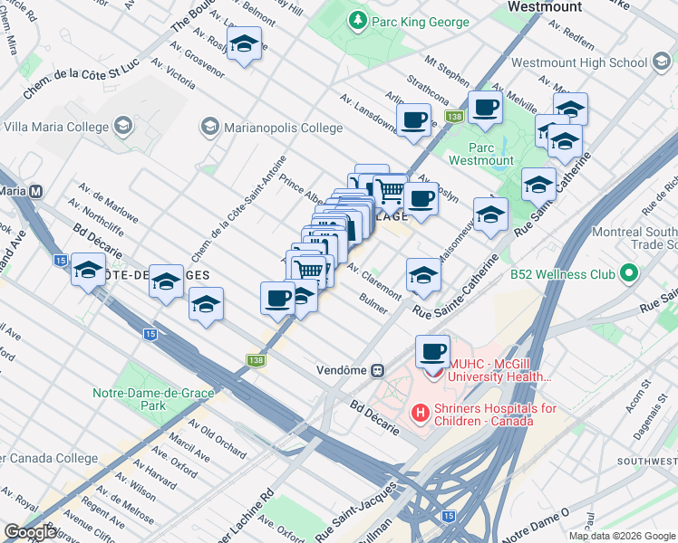 map of restaurants, bars, coffee shops, grocery stores, and more near 5010 Sherbrooke Street West in Westmount