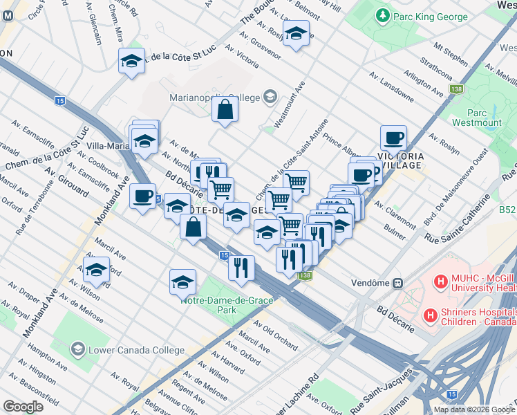 map of restaurants, bars, coffee shops, grocery stores, and more near 3661 Avenue Northcliffe in Montréal