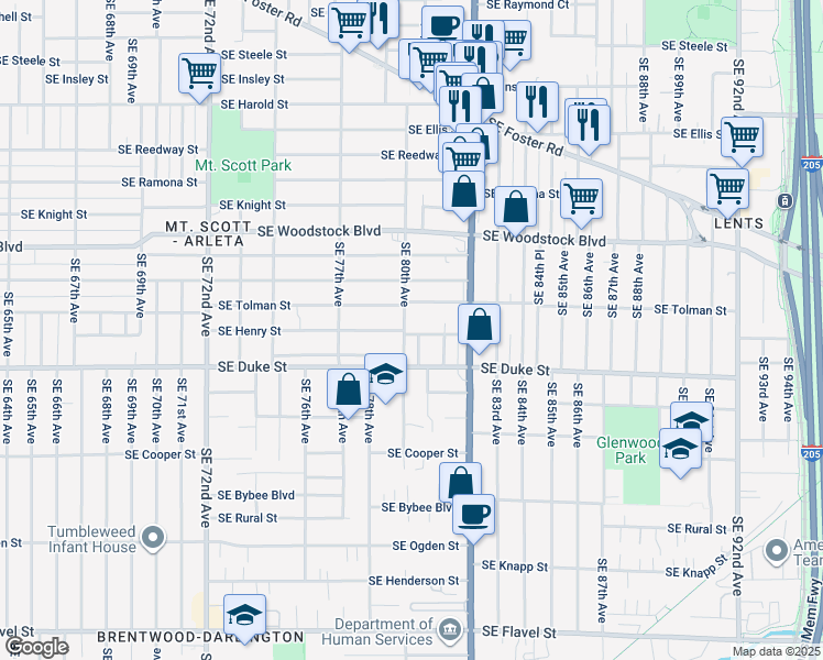 map of restaurants, bars, coffee shops, grocery stores, and more near 8007 Southeast Henry Street in Portland