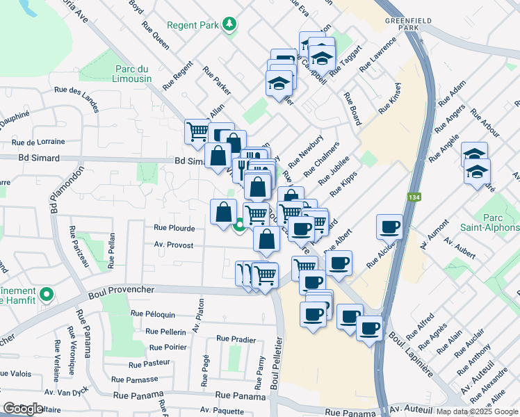 map of restaurants, bars, coffee shops, grocery stores, and more near 2073 Avenue Victoria in Saint-Lambert