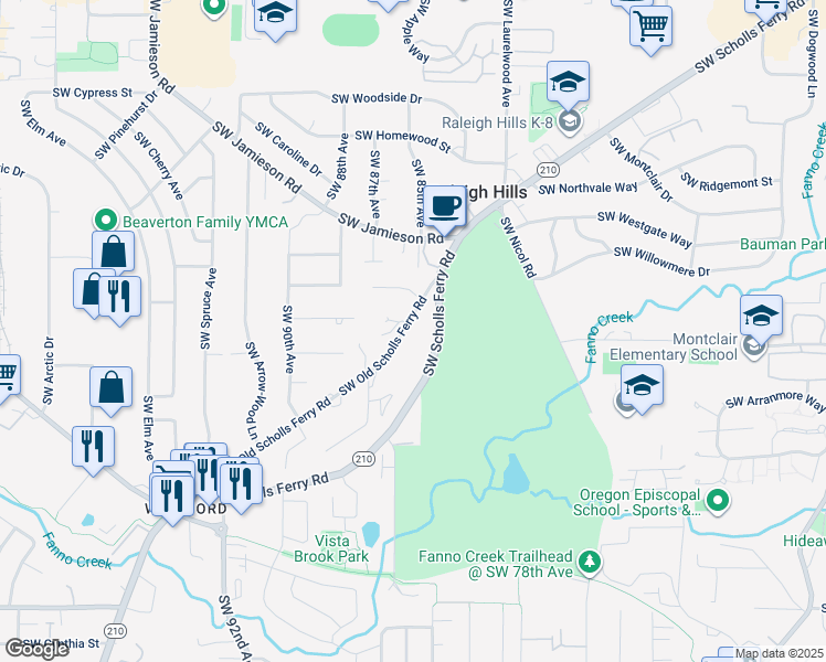 map of restaurants, bars, coffee shops, grocery stores, and more near 5970 Southwest Old Scholls Ferry Road in Portland