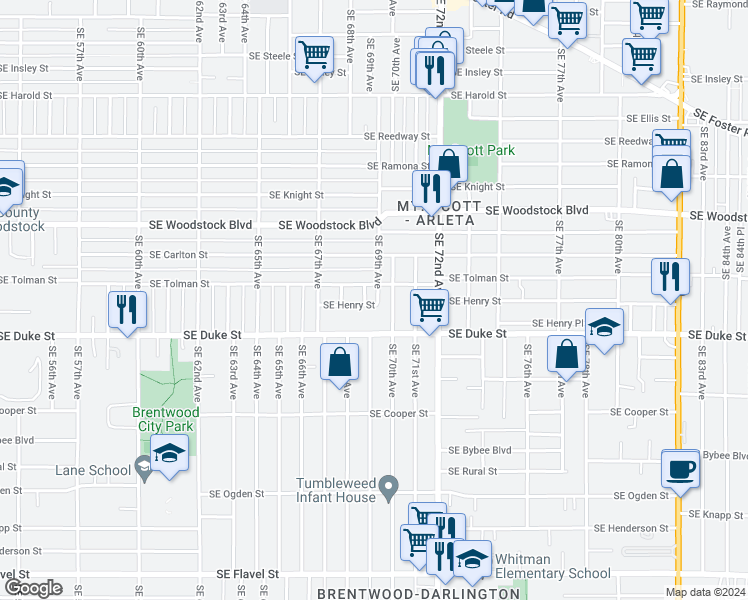 map of restaurants, bars, coffee shops, grocery stores, and more near 6863 Southeast Henry Street in Portland