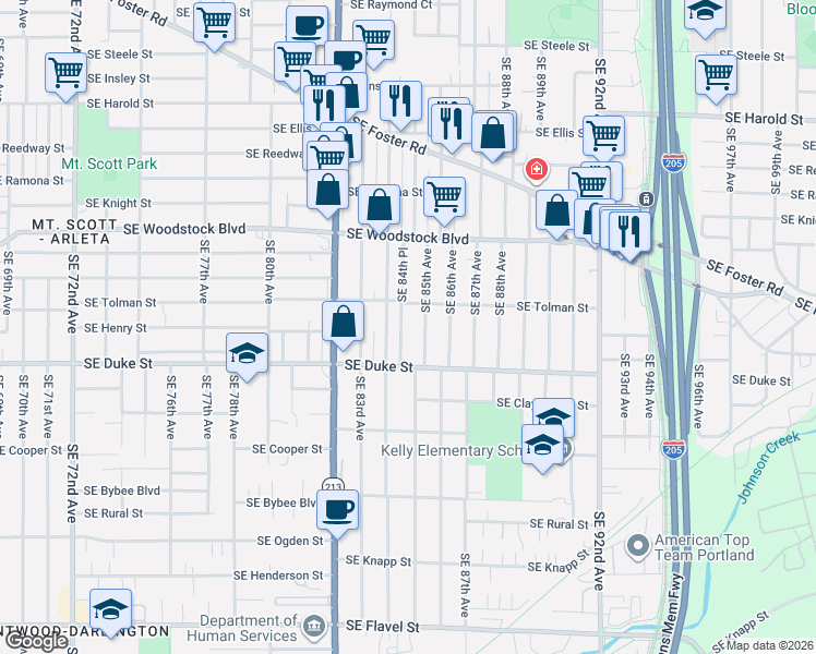 map of restaurants, bars, coffee shops, grocery stores, and more near 6329 Southeast 85th Avenue in Portland