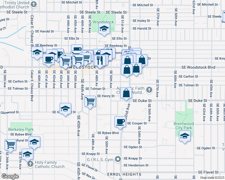 map of restaurants, bars, coffee shops, grocery stores, and more near 6227 Southeast 50th Avenue in Portland