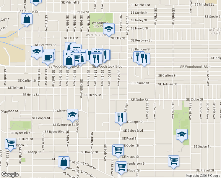 map of restaurants, bars, coffee shops, grocery stores, and more near 6227 Southeast 50th Avenue in Portland