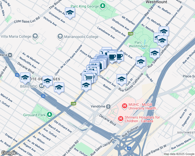 map of restaurants, bars, coffee shops, grocery stores, and more near 5014 Rue Sherbrooke Ouest in Westmount