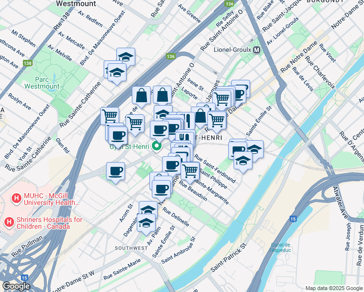 map of restaurants, bars, coffee shops, grocery stores, and more near Rue Saint-Ferdinand in Montreal