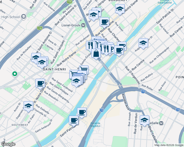 map of restaurants, bars, coffee shops, grocery stores, and more near 56 Turgeon Street in Montreal