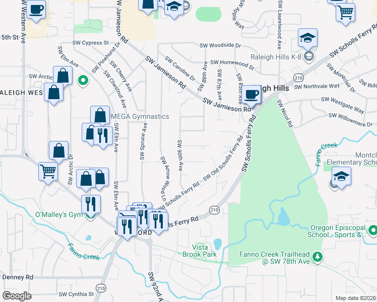 map of restaurants, bars, coffee shops, grocery stores, and more near 5970 Southwest 90th Avenue in Portland