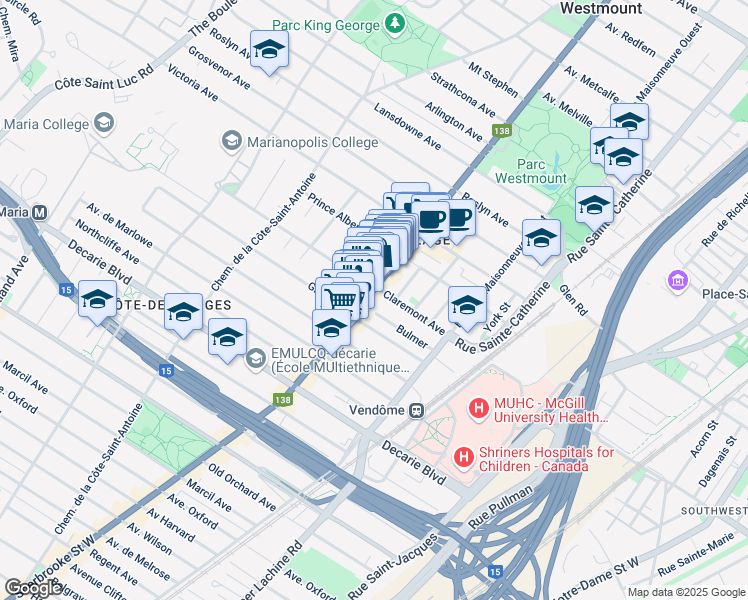 map of restaurants, bars, coffee shops, grocery stores, and more near 4930B Rue Sherbrooke Ouest in Westmount