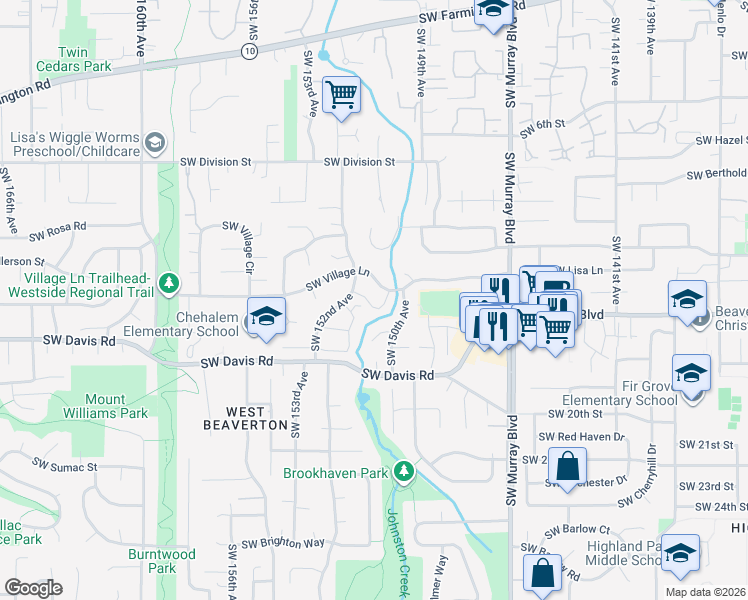 map of restaurants, bars, coffee shops, grocery stores, and more near 15137 Southwest Trillium Lane in Beaverton