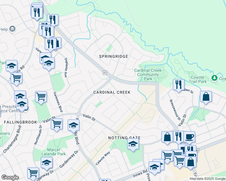 map of restaurants, bars, coffee shops, grocery stores, and more near 185 Topham Terrace in Ottawa