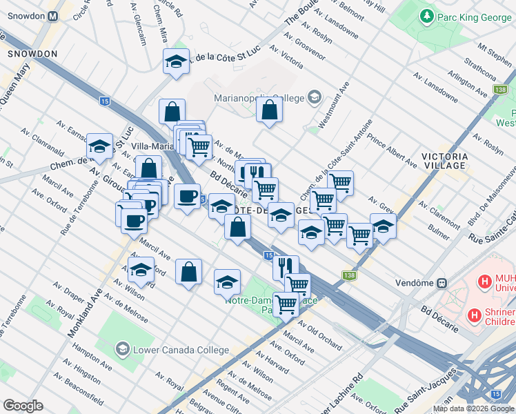 map of restaurants, bars, coffee shops, grocery stores, and more near 3860 Boulevard Décarie in Montréal