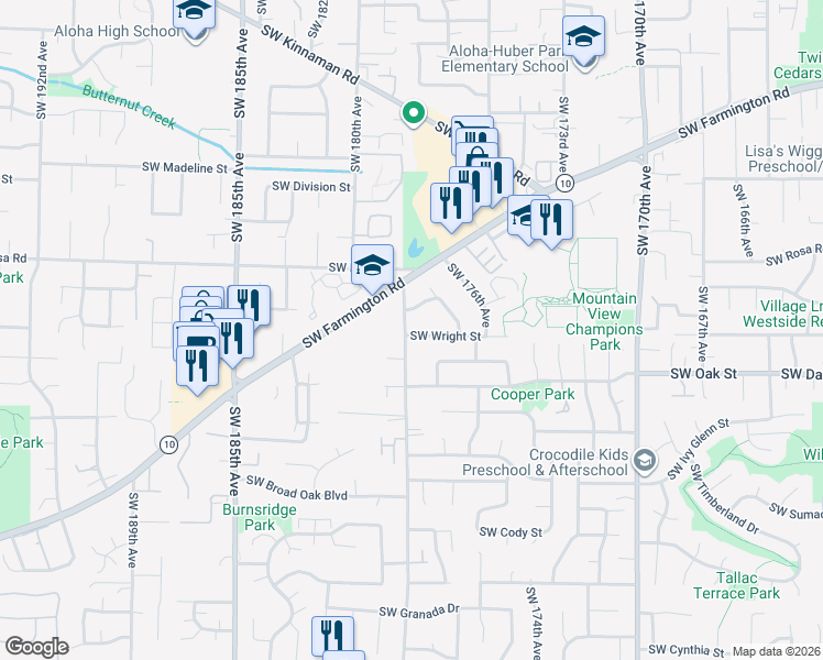 map of restaurants, bars, coffee shops, grocery stores, and more near 17895 Southwest Wright Street in Beaverton