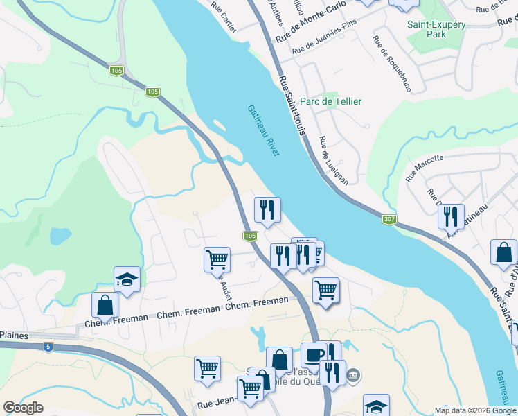 map of restaurants, bars, coffee shops, grocery stores, and more near 35 Rue du Rivage in Gatineau