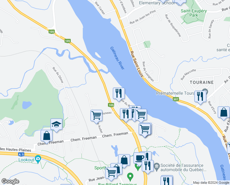 map of restaurants, bars, coffee shops, grocery stores, and more near 35 Rue du Rivage in Gatineau