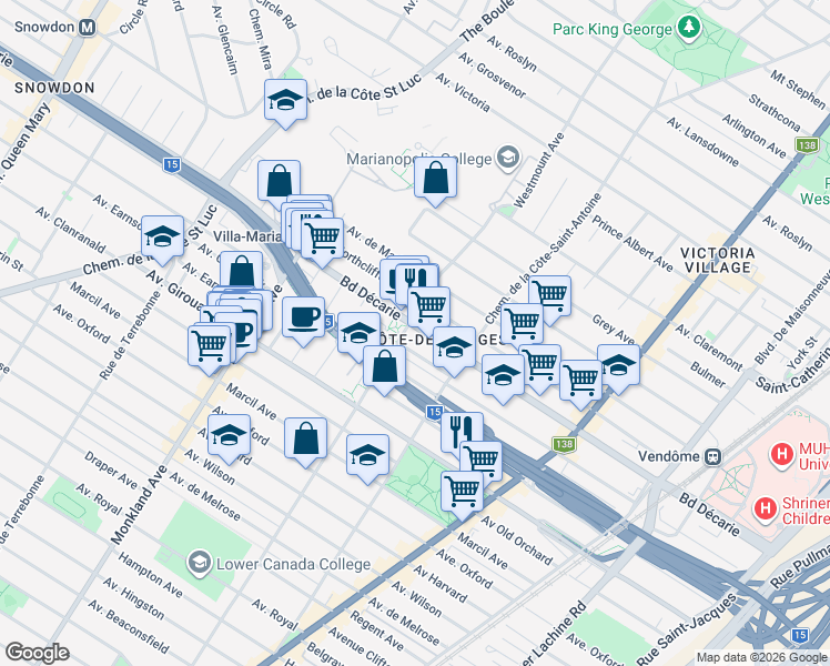 map of restaurants, bars, coffee shops, grocery stores, and more near 3860 Boulevard Décarie in Montréal
