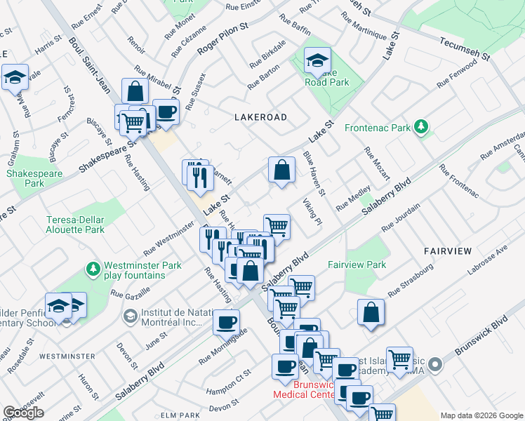 map of restaurants, bars, coffee shops, grocery stores, and more near 4850 Rue Lake in Dollard-des-Ormeaux