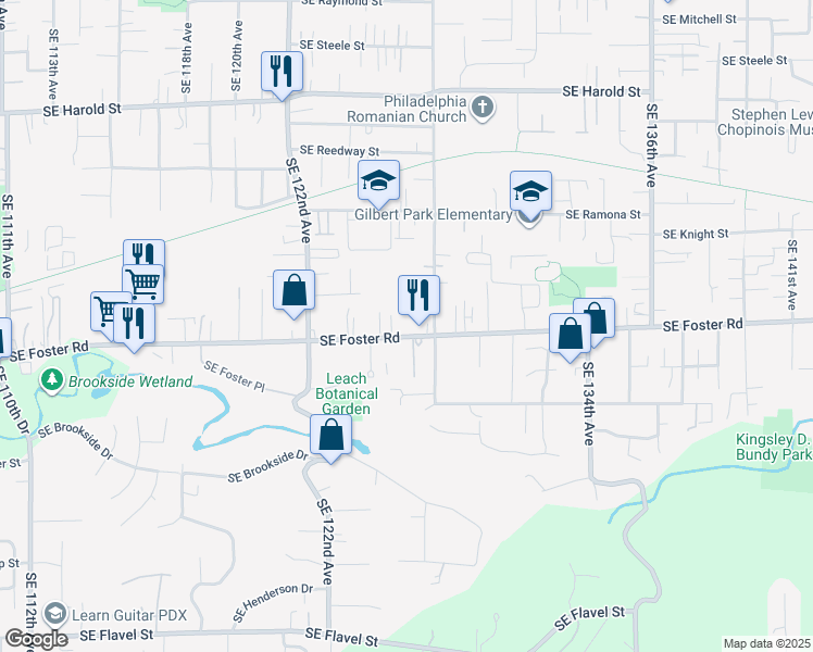 map of restaurants, bars, coffee shops, grocery stores, and more near 12635 Southeast Foster Road in Portland