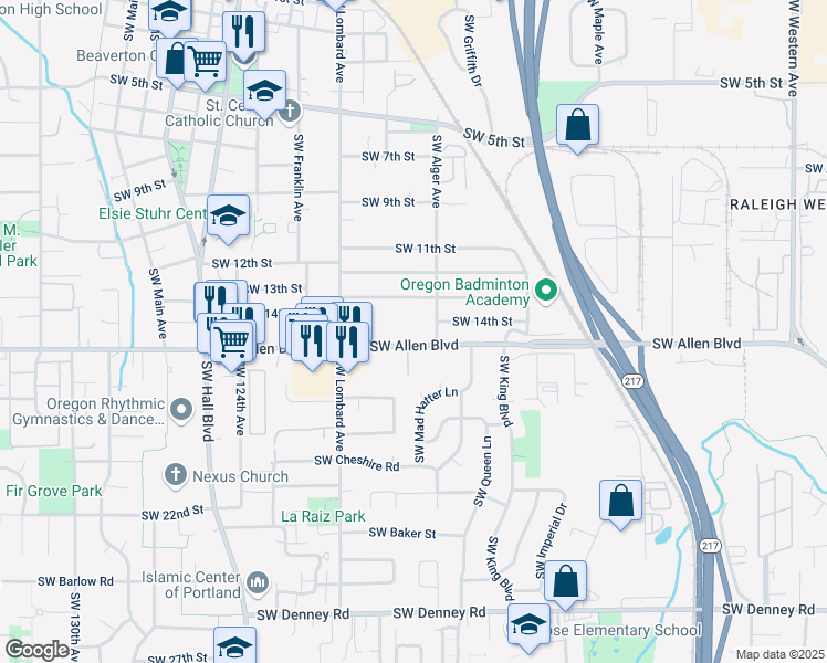 map of restaurants, bars, coffee shops, grocery stores, and more near 11755 Southwest Allen Boulevard in Beaverton