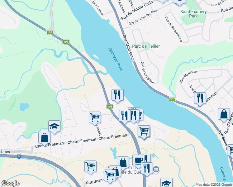 map of restaurants, bars, coffee shops, grocery stores, and more near 34 Rue du Rivage in Gatineau