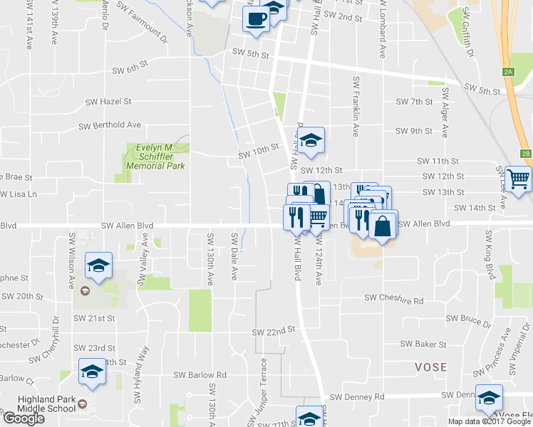 map of restaurants, bars, coffee shops, grocery stores, and more near 5925 Southwest Main Avenue in Beaverton