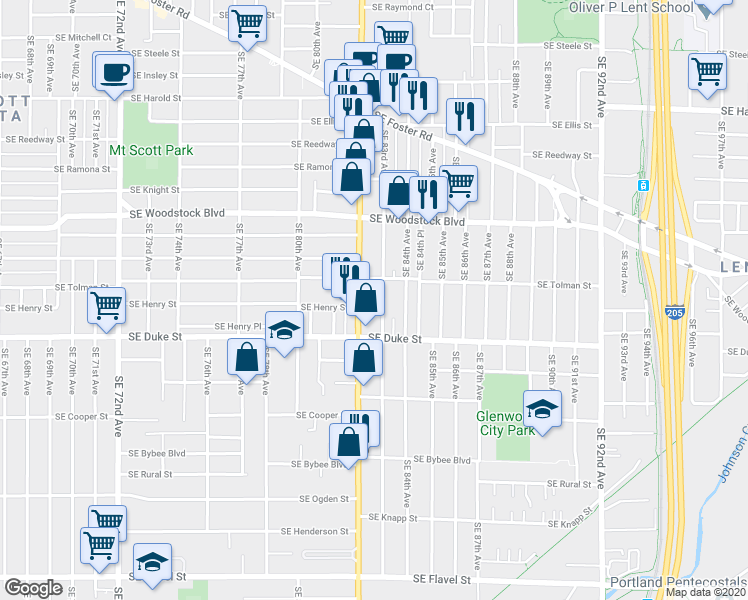 map of restaurants, bars, coffee shops, grocery stores, and more near 6341 Southeast 83rd Avenue in Portland