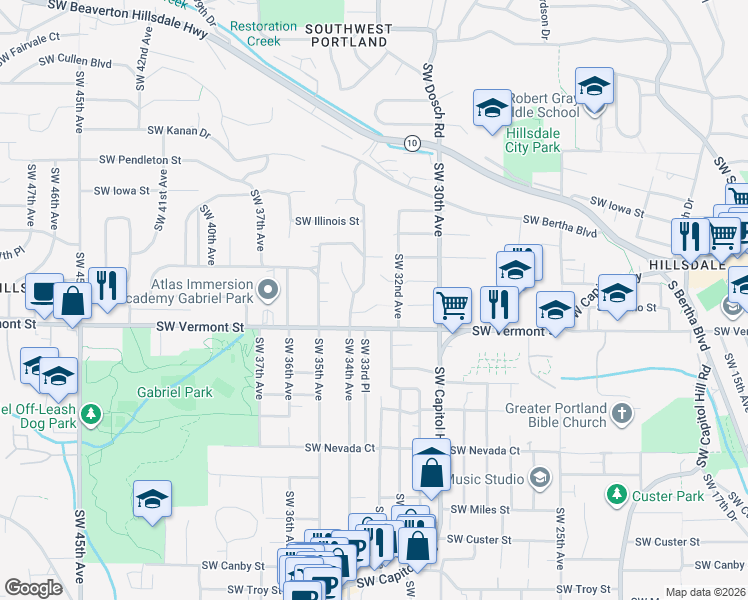 map of restaurants, bars, coffee shops, grocery stores, and more near 3309 Southwest Idaho Street in Portland