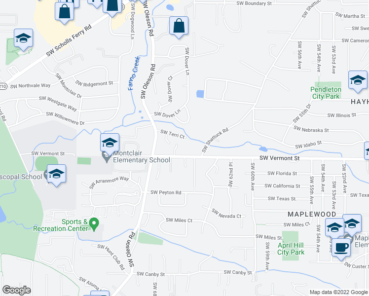 map of restaurants, bars, coffee shops, grocery stores, and more near 6555 South Vermont Street in Portland