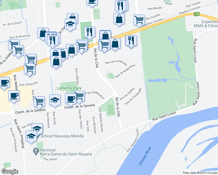 map of restaurants, bars, coffee shops, grocery stores, and more near 285 Boulevard de la Cité in Gatineau