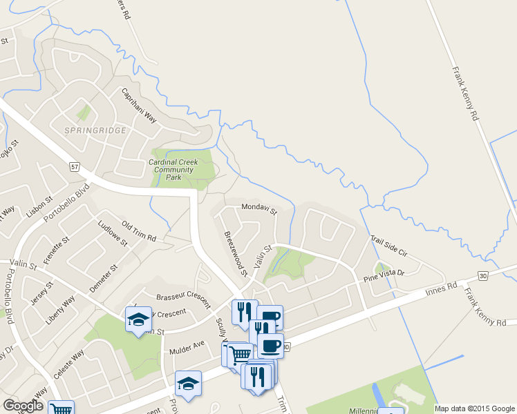 map of restaurants, bars, coffee shops, grocery stores, and more near 2260 Mondavi Street in Ottawa