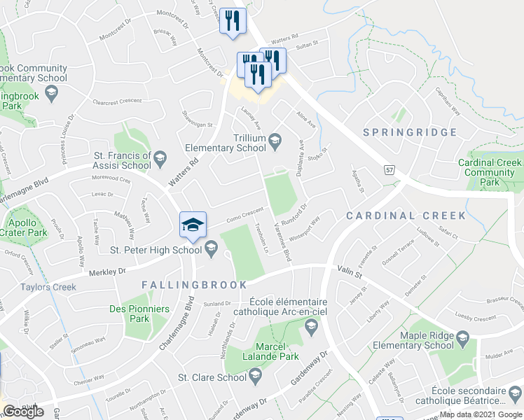 map of restaurants, bars, coffee shops, grocery stores, and more near 827 Como Crescent in Ottawa