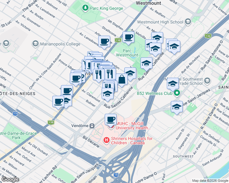 map of restaurants, bars, coffee shops, grocery stores, and more near 4890 Boulevard De Maisonneuve Ouest in Westmount