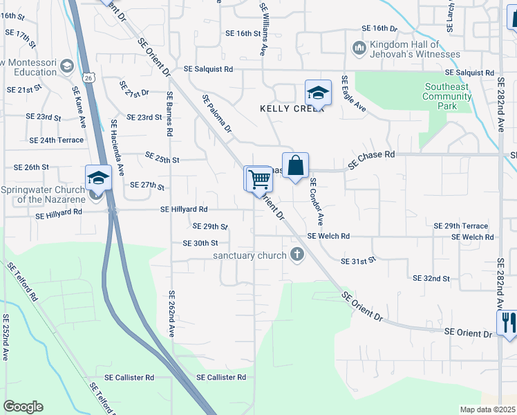 map of restaurants, bars, coffee shops, grocery stores, and more near 2822 Southeast Anderson Road in Gresham